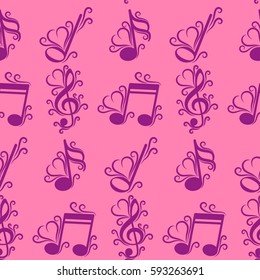 Endless abstract pattern. Background texture, note, treble clef, music, sound.  Vector illustration.