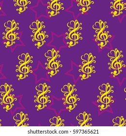 Endless abstract pattern. Background texture, note, treble clef, music, sound.  Vector illustration.