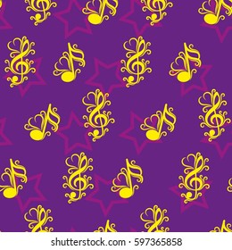 Endless abstract pattern. Background texture, note, treble clef, music, sound.  Vector illustration.