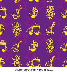 Endless abstract pattern. Background texture, note, treble clef, music, sound.  Vector illustration.
