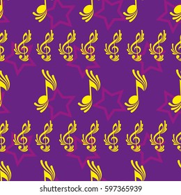 Endless abstract pattern. Background texture, note, treble clef, music, sound.  Vector illustration.