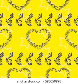 Endless abstract pattern. Background texture, note, treble clef, music, sound.  Vector illustration.