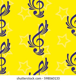 Endless abstract pattern. Background texture, note, treble clef, music, sound.  Vector illustration.