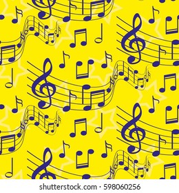 Endless abstract pattern. Background texture, note, treble clef, music, sound.  Vector illustration.
