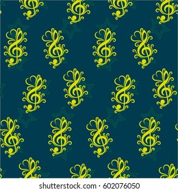 Endless abstract pattern. Background texture, note, treble clef, music, sound.  Vector illustration.