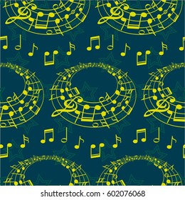 Endless abstract pattern. Background texture, note, treble clef, music, sound.  Vector illustration.