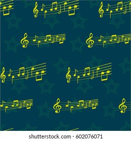 Endless abstract pattern. Background texture, note, treble clef, music, sound.  Vector illustration.