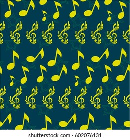 Endless abstract pattern. Background texture, note, treble clef, music, sound.  Vector illustration.