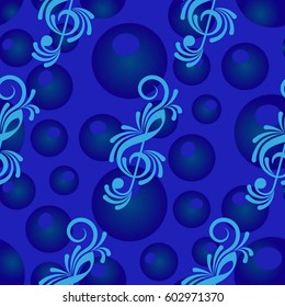 Endless abstract pattern. Background texture, note, treble clef, music, sound.  Vector illustration.
