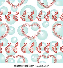 Endless abstract pattern. Background texture, note, treble clef, music, sound.  Vector illustration.