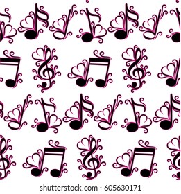 Endless abstract pattern. Background texture, note, treble clef, music, sound.  Vector illustration.