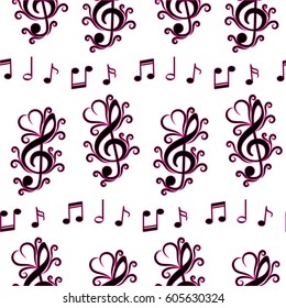 Endless abstract pattern. Background texture, note, treble clef, music, sound.  Vector illustration.