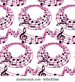 Endless abstract pattern. Background texture, note, treble clef, music, sound.  Vector illustration.
