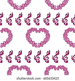 Endless abstract pattern. Background texture, note, treble clef, music, sound.  Vector illustration.