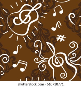 Endless abstract pattern. Background texture, note, treble clef, music, sound.  Vector illustration.