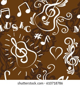 Endless abstract pattern. Background texture, note, treble clef, music, sound.  Vector illustration.