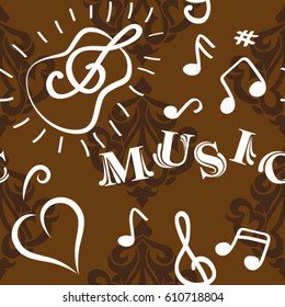 Endless abstract pattern. Background texture, note, treble clef, music, sound.  Vector illustration.