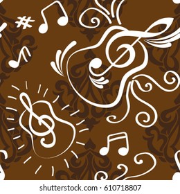 Endless abstract pattern. Background texture, note, treble clef, music, sound.  Vector illustration.