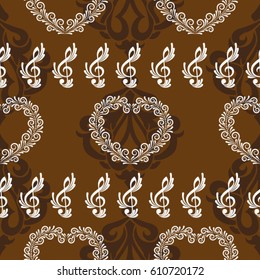 Endless abstract pattern. Background texture, note, treble clef, music, sound.  Vector illustration.