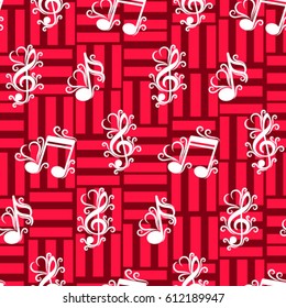 Endless abstract pattern. Background texture, note, treble clef, music, sound.  Vector illustration.