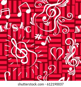 Endless abstract pattern. Background texture, note, treble clef, music, sound.  Vector illustration.