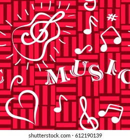 Endless abstract pattern. Background texture, note, treble clef, music, sound.  Vector illustration.