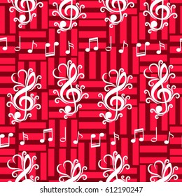Endless abstract pattern. Background texture, note, treble clef, music, sound.  Vector illustration.