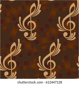 Endless abstract pattern. Background texture, note, treble clef, music, sound.  Vector illustration.