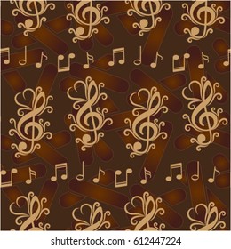 Endless abstract pattern. Background texture, note, treble clef, music, sound.  Vector illustration.