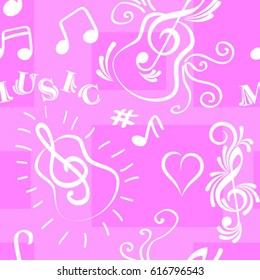 Endless abstract pattern. Background texture, note, treble clef, music, sound.  Vector illustration.
