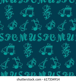 Endless abstract pattern. Background texture, note, treble clef, music, sound.  Vector illustration.