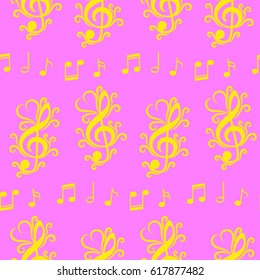 Endless abstract pattern. Background texture, note, treble clef, music, sound.  Vector illustration.