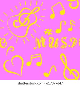 Endless abstract pattern. Background texture, note, treble clef, music, sound.  Vector illustration.