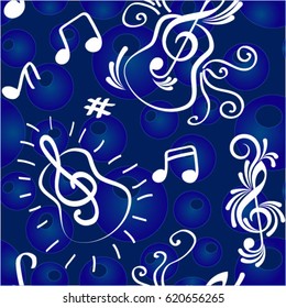 Endless abstract pattern. Background texture, note, treble clef, music, sound.  Vector illustration.