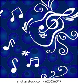 Endless abstract pattern. Background texture, note, treble clef, music, sound.  Vector illustration.