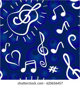Endless abstract pattern. Background texture, note, treble clef, music, sound.  Vector illustration.