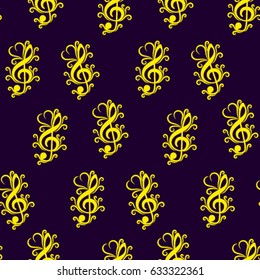 Endless abstract pattern. Background texture, note, treble clef, music, sound.  Vector illustration.
