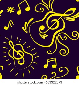 Endless abstract pattern. Background texture, note, treble clef, music, sound.  Vector illustration.