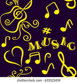 Endless abstract pattern. Background texture, note, treble clef, music, sound.  Vector illustration.