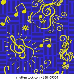 Endless abstract pattern. Background texture, note, treble clef, music, sound.  Vector illustration.
