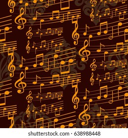 Endless abstract pattern. Background texture, note, treble clef, music, sound.  Vector illustration.