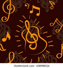 Endless abstract pattern. Background texture, note, treble clef, music, sound.  Vector illustration.