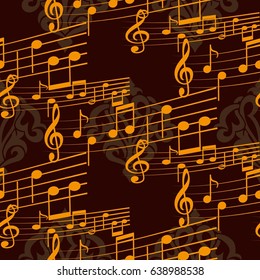 Endless abstract pattern. Background texture, note, treble clef, music, sound.  Vector illustration.