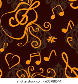 Endless abstract pattern. Background texture, note, treble clef, music, sound.  Vector illustration.