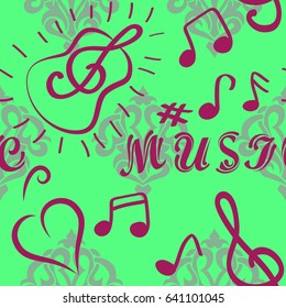 Endless abstract pattern. Background texture, note, treble clef, music, sound.  Vector illustration.