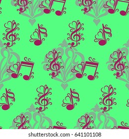 Endless abstract pattern. Background texture, note, treble clef, music, sound.  Vector illustration.