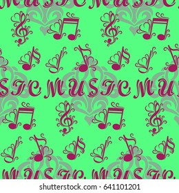 Endless abstract pattern. Background texture, note, treble clef, music, sound.  Vector illustration.