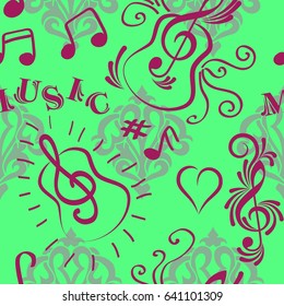 Endless abstract pattern. Background texture, note, treble clef, music, sound.  Vector illustration.