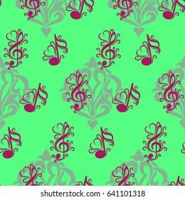 Endless abstract pattern. Background texture, note, treble clef, music, sound.  Vector illustration.