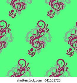 Endless abstract pattern. Background texture, note, treble clef, music, sound.  Vector illustration.